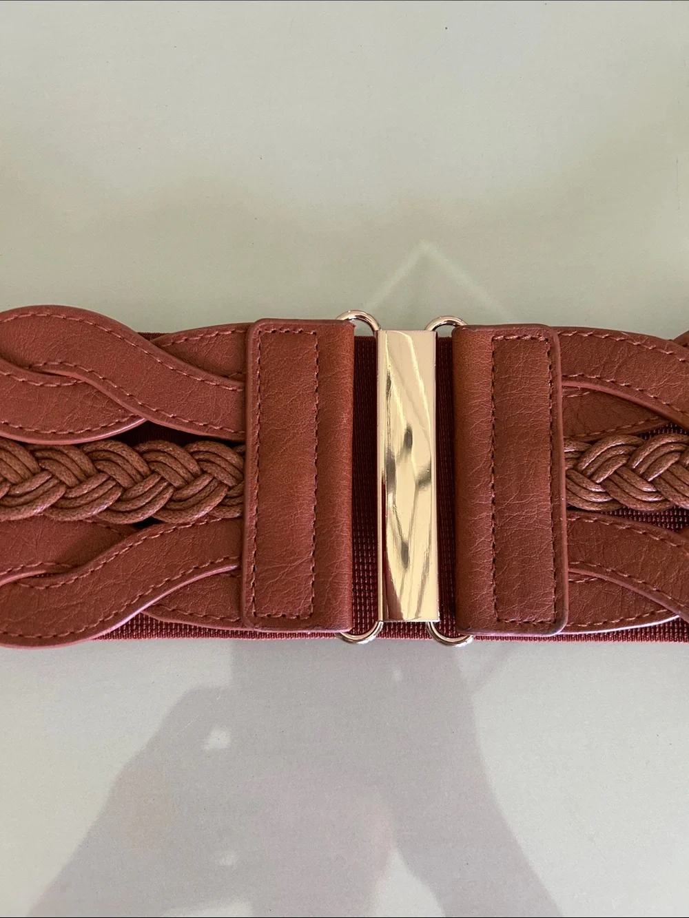 Braided Elastic Waist Belt in Light Brown with Gold Buckle
